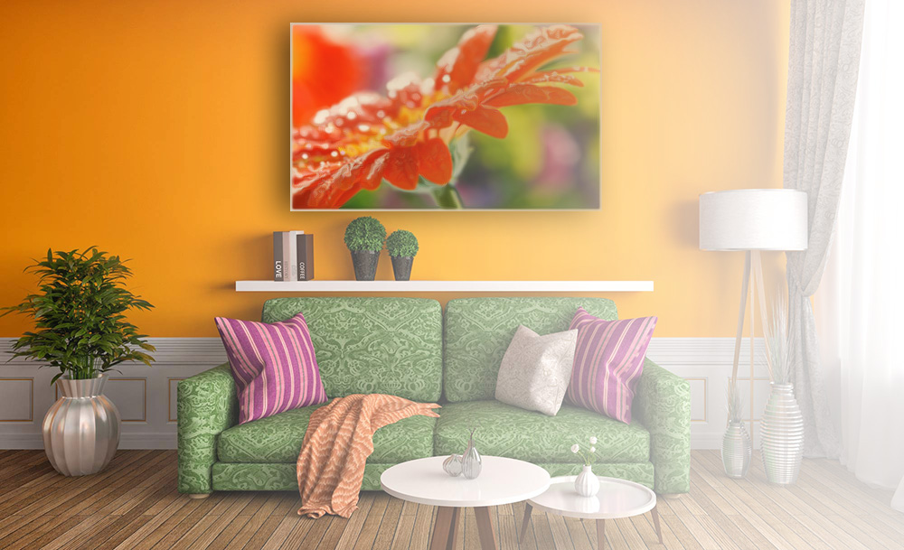 Living Room With A Wall Flower Printed IR Heating Panel