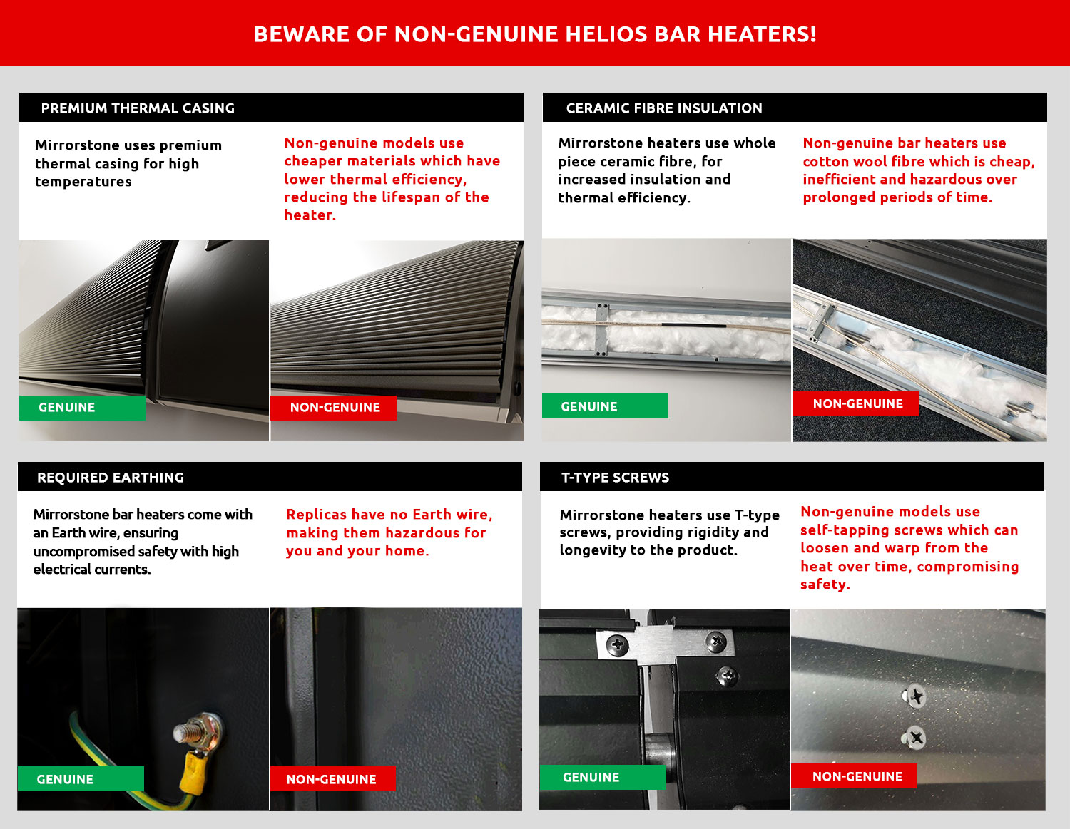 Mirrrorstone Infrared Bar Heaters vs. Non-genuine Bar Heaters